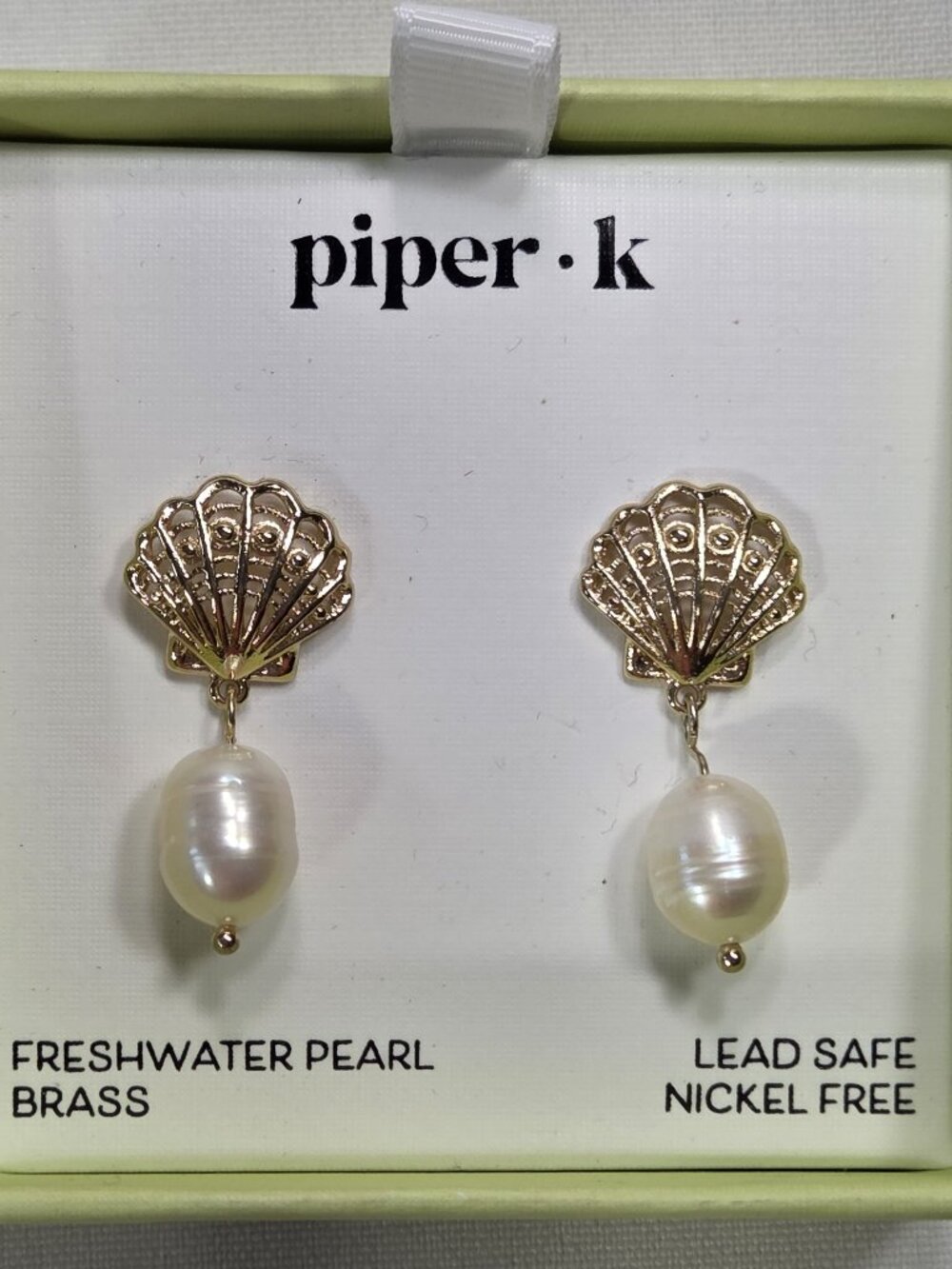 Piper K Gold Seashell Freshwater Pearl Drop Earrings Brass NIB Lead Nickel Free